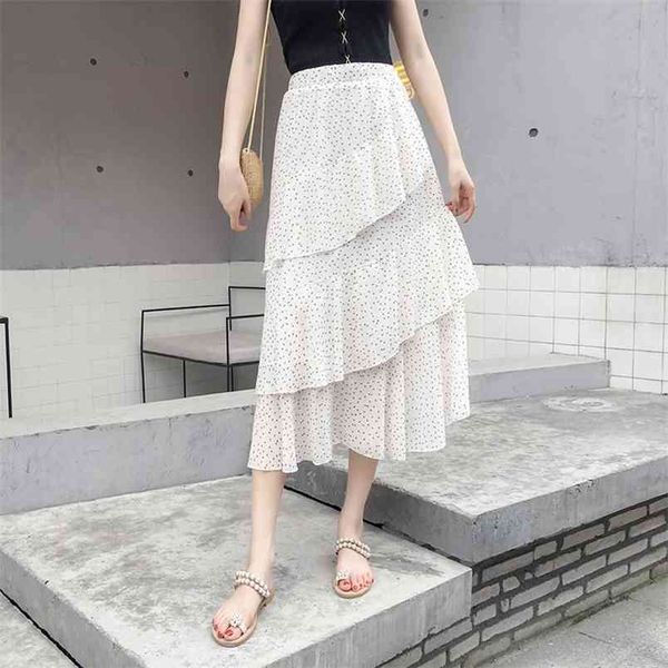 

summer elastic high waist slim simple floral chiffon long skirt casual women irregular fishtail cake 210527, Black
