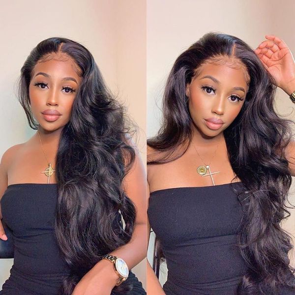 

13x6 hd transparent swiss lace frontal 100% human hair wig body wave wavy for black women remy natural color wigs, Black;brown