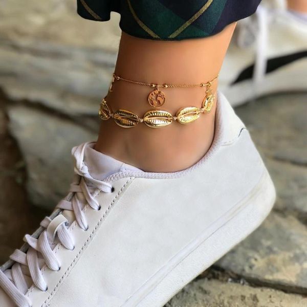 

link, chain female anklets set moon hollow map stars gold shell braided anklet bohemia women seaside party wear jewelry, Black