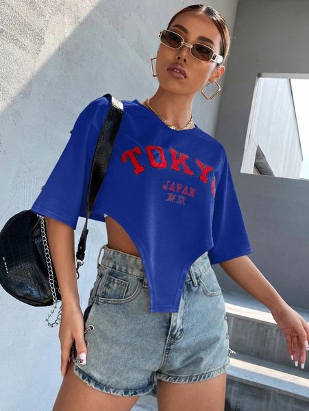 

japanese letter graphic asymmetrical hem drop shoulder crop tee u52s#, White