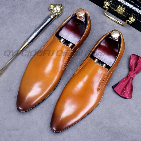 

2022 genuine leather slip on men pointed toe dress shoes casual footwear for male black brown party wedding shoes