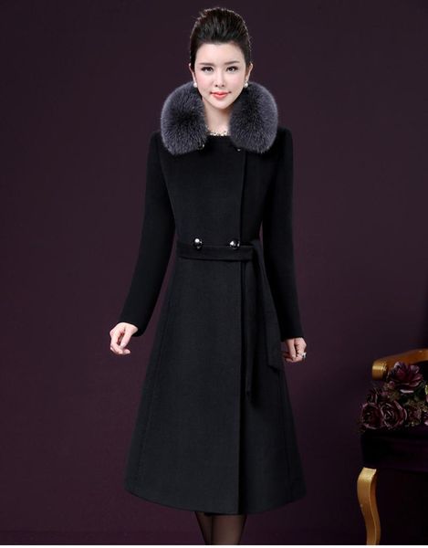 

women's wool & blends 2021 fashion retro winter coat women korea slim fur collar high-end woolen temperament long sleeves cashmere woma, Black