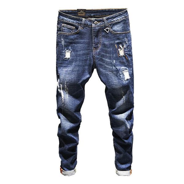 

men's jeans slim feet 2021 ripped ankle stretch korean trendy pants, Blue