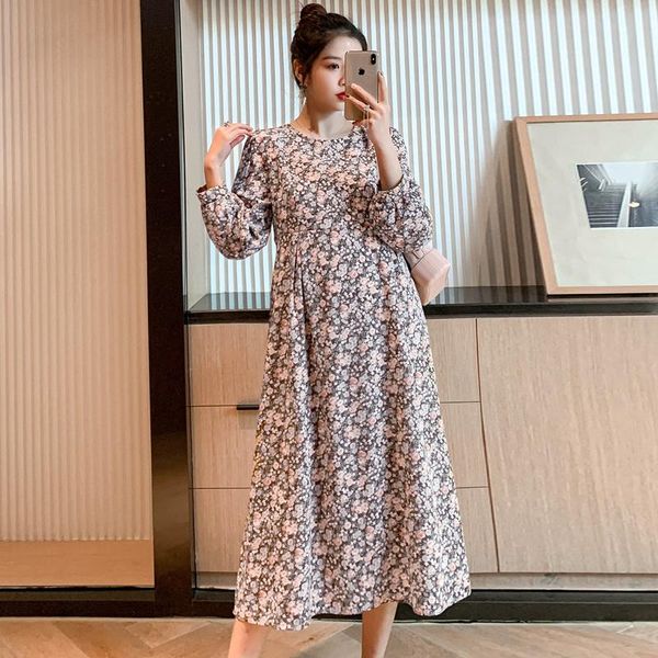 

501# vintage floral printed chiffon maternity long party dress sweet elegant a line clothes for pregnant women spring pregnancy dresses, White