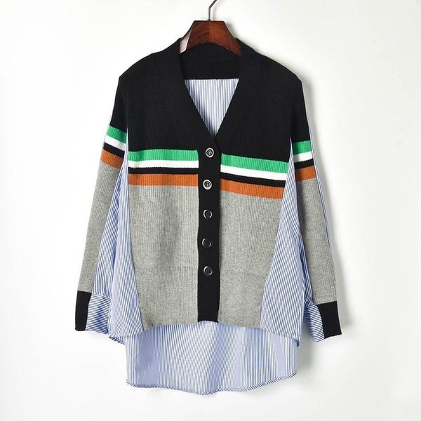 

women's sweaters oversized cardigans shirt women 2021 hit color striped v-neck full irregular shirts spliced knit single breasted cardi, White;black