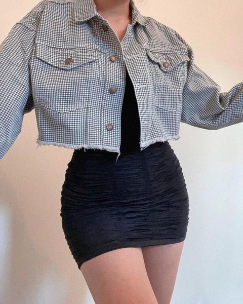 

women's jackets 2021 autumn drop shoulder check plaid short jacket vintage women lapel pockets single breasted draped jean coat cool ou, Black;brown