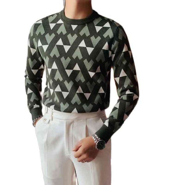 

2021 fashion autumn/winter male contrast colour long sve casual sweaters brown english round neck pullover knit with bottom, White;black
