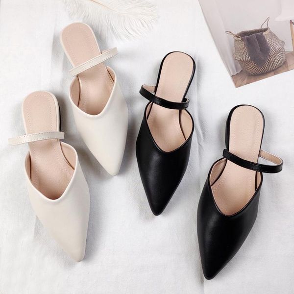

slippers designers spring and summer 2021 faux leather women's flat sandals with pointed toes fashion trend, Black