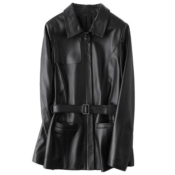 

women's leather & faux selling 2021 spring real coat black classic soft sheepskin jacket for women wirh belt