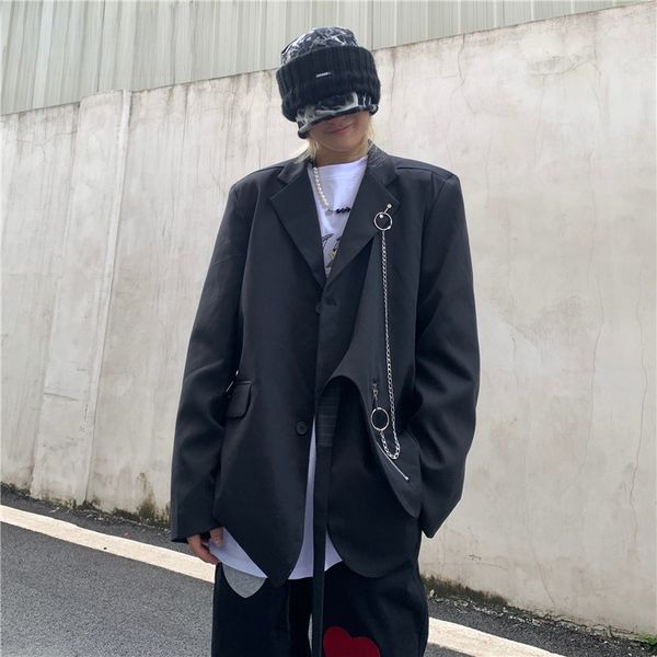 

high street design black suit jacket for men 2021 new fashion long sleeve blazer loose chic autumn coats with chian, White;black