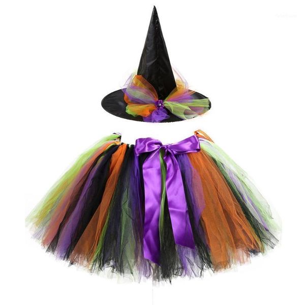 

skirts halloween party girls striped mesh bow ball gown tutu + witch hat children's fancy cosplay permance costumes 2pcs sets1