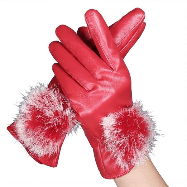 

fG9l imitation leather women' warm cyclg in autumn and winter warm bicycle gloves women' plush gloves cute rabbit hair ball mittens touch, Blue;gray