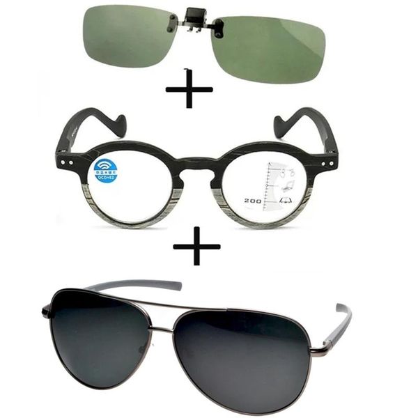 

sunglasses 3pcs wood progressive multifocal far and near reading glasses men women + pilot polarized outdoor clip, White;black