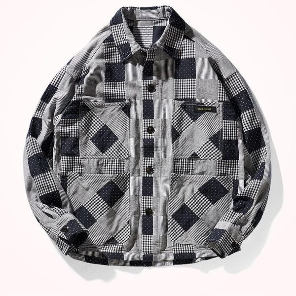 

men's suits & blazers autumn japanese retro plaid tooling jacket fashion pure cotton raglan sleeve multi-pocke loose casual single suit, White;black