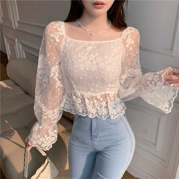 

elegant lace square collar blouse shirt hollow out floral embroidery feminine blouses women flare sleeve 210526, White