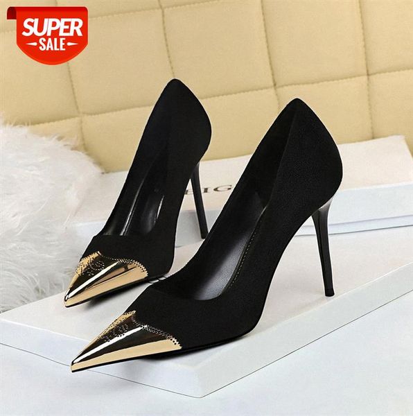 

6826-10 european and american style nightclub slim high-heeled shoes stiletto suede shallow metal pointed toe #2b1p