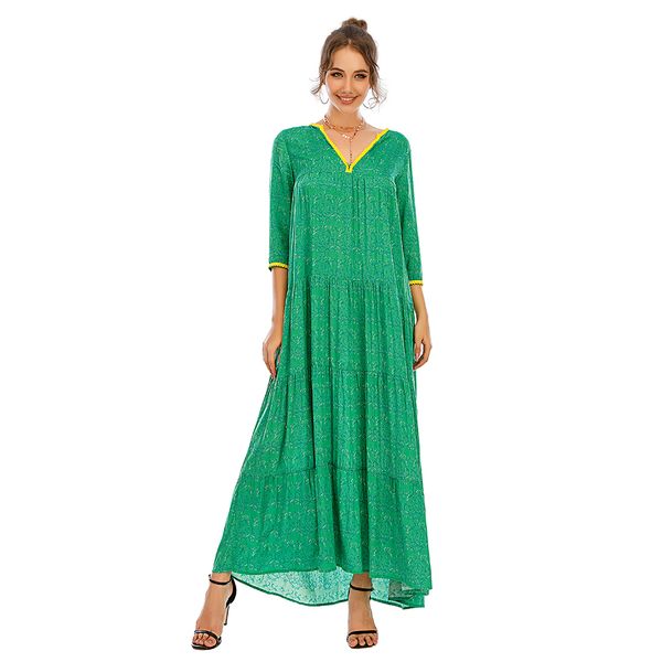 

2021womens long sleeve bohemian maxi dresses summer ruffle vintage elegant retro boho floral large size v-neck dress vestidos, Black;gray
