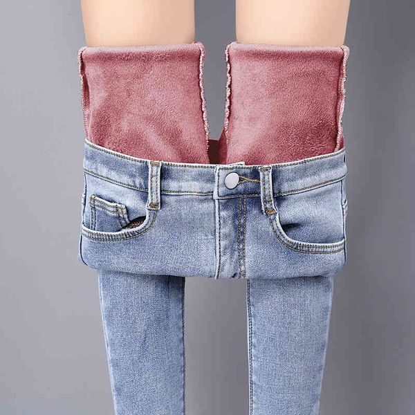 

plus size winter warm jeans woman high waist casual velvet ladies trousers female pantalon denim jeans for women pants 990e 210420, Blue