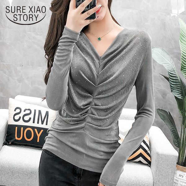 

solid v-neck blouses diamonds slim long sleeve chemise femme korean for women clothing shirt blouse 7848 50 210528, White