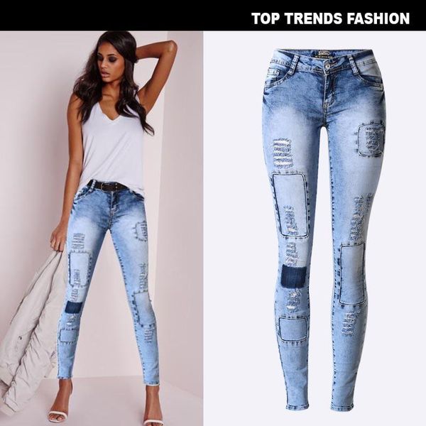 

women's jeans korean women elastic slim pencil female hollow out patch fashion vintage harajuku, Blue