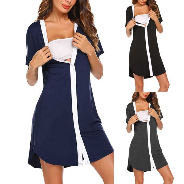 Verão Maternidade Dress Nightgown Mulher grávida Mulher Nightwear Splicing Peito de Manga Curta Manga Curta Roupas de Enfermagem Mulheres Nightdress Q0713