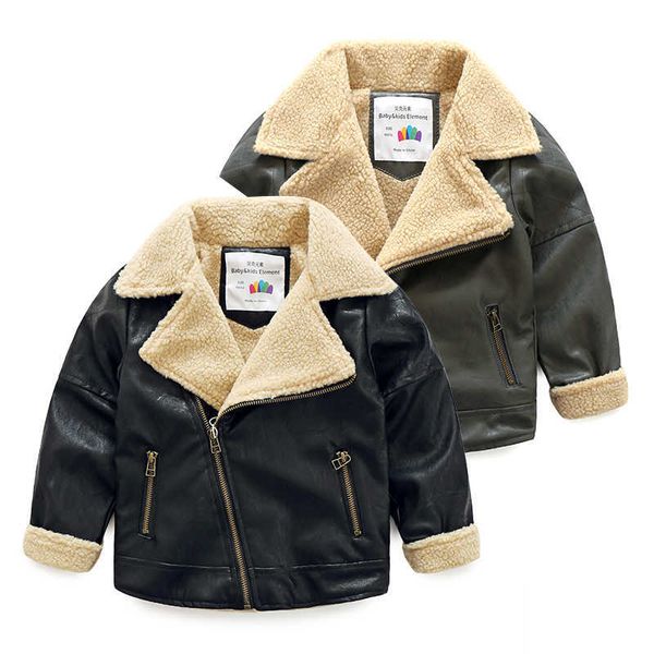 Inverno caldo moda 3 4 6 8 10 12 anni ecopelle nera più velluto ispessimento cerniera giacca capispalla per bambini neonato 210529