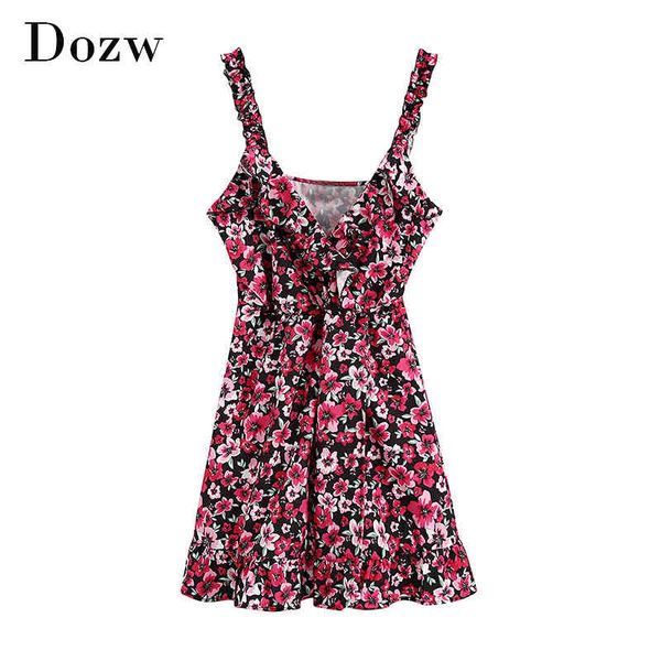 

deep v neck floral print a line dress spaghetti strap beach mini dress ruffle backless party dresses sundress robe femme 210414, Black;gray