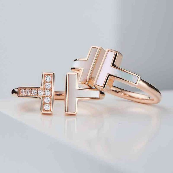 

band rings finger t family double whie shell 925 serling silver plaed 18k gold open moher inlaid wih diamond t-shaped