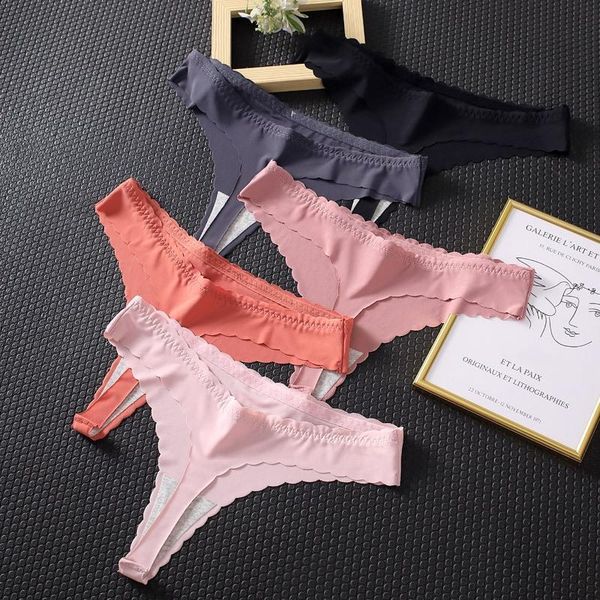 

haleychan 1pcs seamless ice silk women's underwear ruffled high elastic girl thong panties g string women, Black;pink