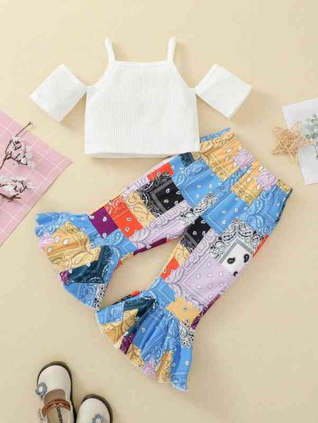 

baby girl cold shoulder tee & patchwork flare leg pants she, Blue