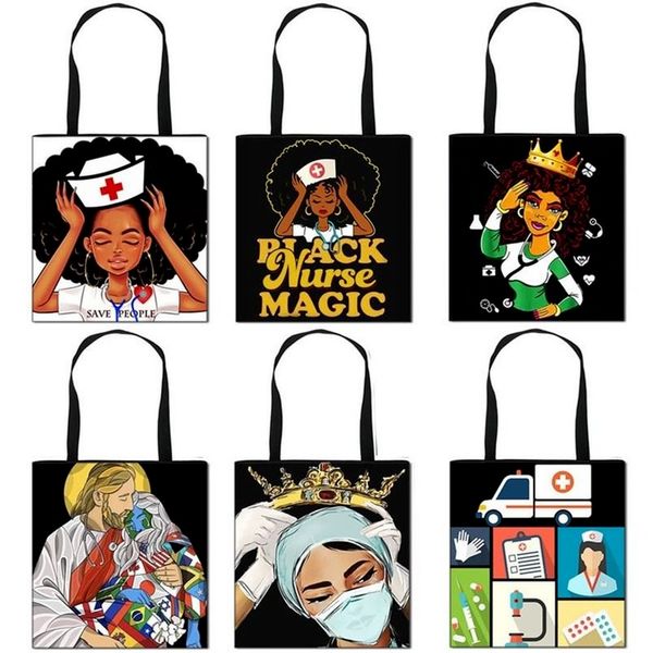 

afro girls nurse pattern folding shopping bag convenient storage bag tote bag african black girl handbag totes storage gift bags 591