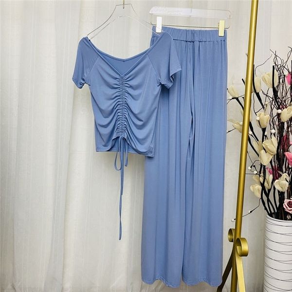 

zawfl korean knitted 2 piece suits drawstring pleated v-neck short sleeve + high waist wide leg long pants set 210525, White