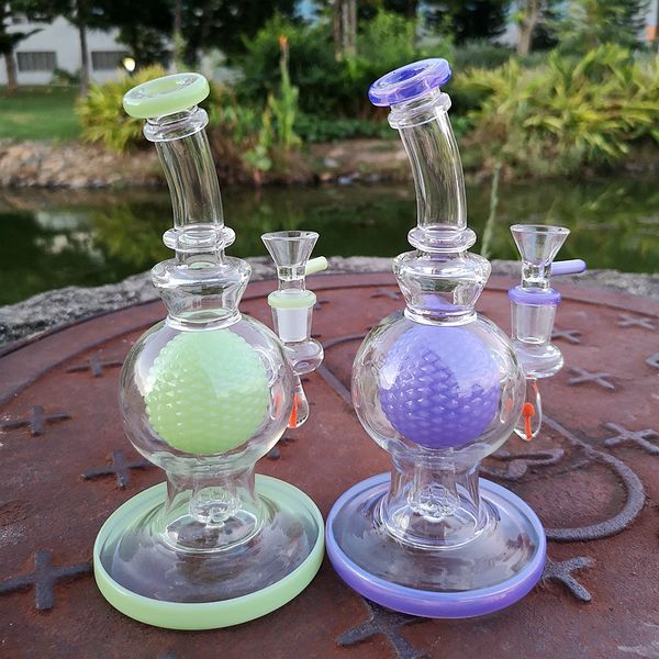 Duschkopf-Perc-Wasserpfeifen, 4 mm dick, gebogener Hals, violett, grün, berauschende Glas-Wasserbongs, Rohre, 14-mm-Innengewinde, mit Schüssel, Kugel, Öl-Dab-Rig