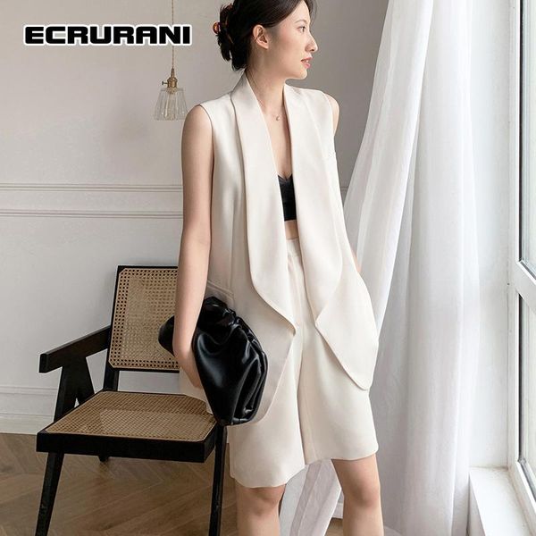 

women's tracksuits ecrurani white elegant two piece set for female v-neck sleeveless coats high waist shorts casual suits 2021 summer s, Gray