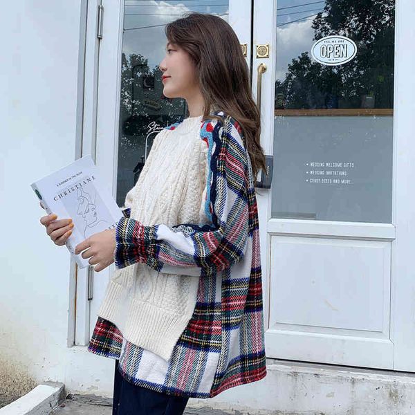 

fake two-piece plaid patchwork o neck loose full sweater women new autumn winter japanese knitted 210421, White;black