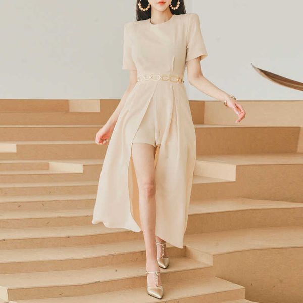 

women elegant solid jumpsuit ladies o-neck short sleeve summer playsuit romper irregular trousers 210529, Black;white
