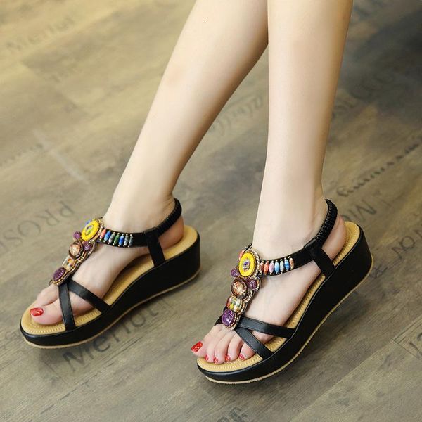 

sandals classics fashion rome gladiator women ethnic t-strap wedges summer back strap med shoes 7hsm, Black