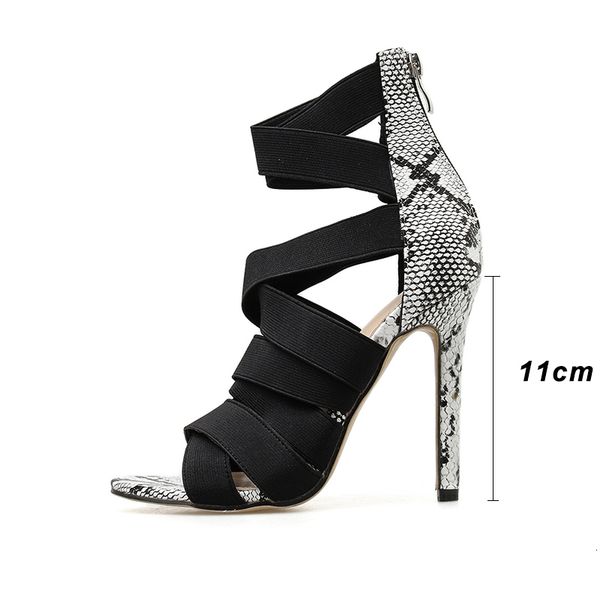

slippers elastic band female shoes fashion gladiator sandals women snake print thin high heels peep toe party pumps zip ls8a, Black