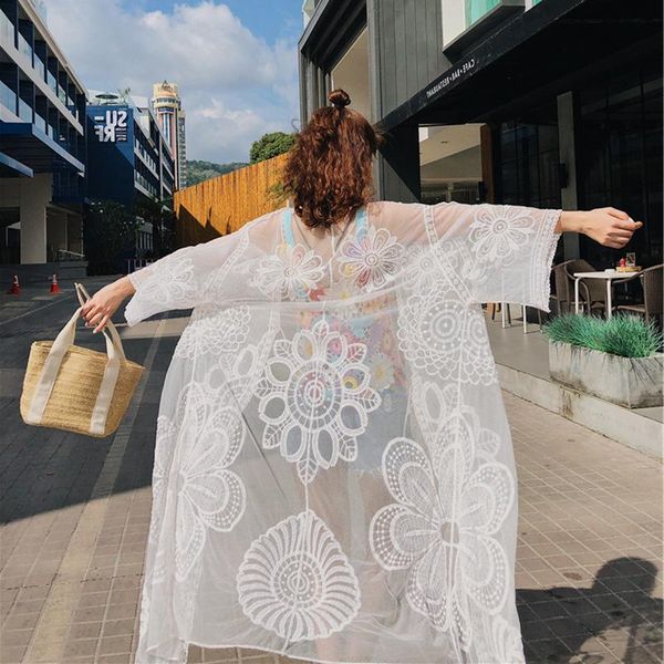 

women's swimwear bikini jacket summer long lace cut-out swimsuit with seaside holiday beach wear sun protection cardigan kaftan tunic, White;black