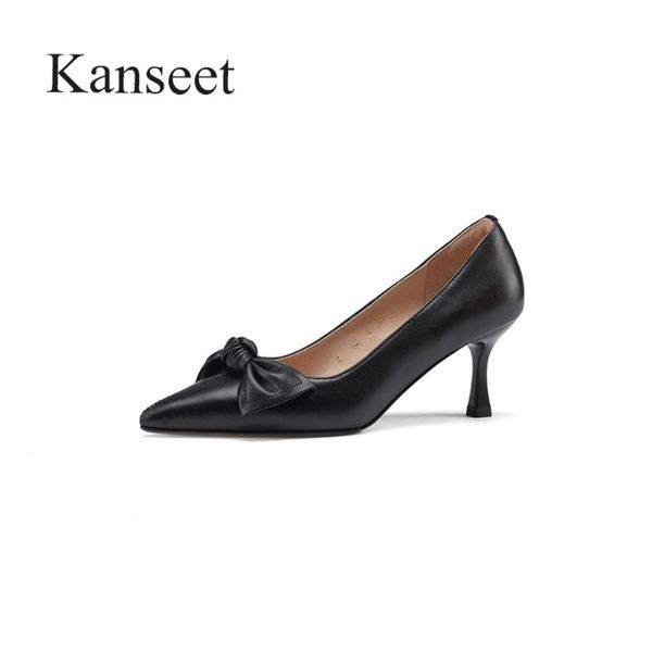 

kanseet butterfly-knot genuine leather shoes 2021 spring autumn thin heels shoe elegant pointed toe woman pumps high dress, Black