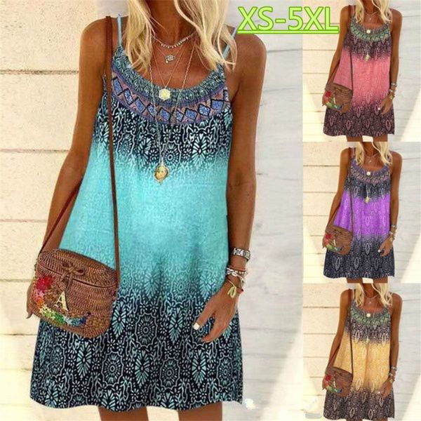 

2021 summer new fashion women's vintage printed casual spaghetti strap loose dress loose plus size beach dress xs-5xl, White