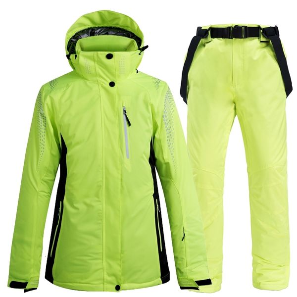 

-30c green colors women men snow ski suit board clothing winter waterproof windproof warm skiing jacket + bibs pant
