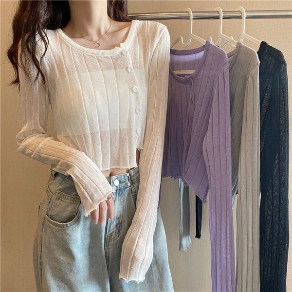 

women's knits & tees korean irregular long-sleeved cardigan outside with thin solid spring and summer short ice wire knitted top, White