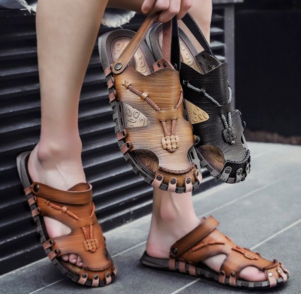 

summer men flip flops pu leather slippers male flats sandals outdoor rubber thong beach shoes, Black
