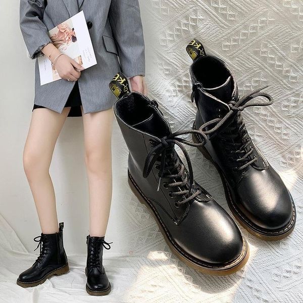 

fashion solid black leather boots female motorcycle lace up zipper ankle for women shoes woman platform