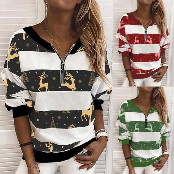 

women's blouses & shirts women stripe eik christmas zipper v neck loose streetwear blouse 2021 fashion casual poullover sports blus, White