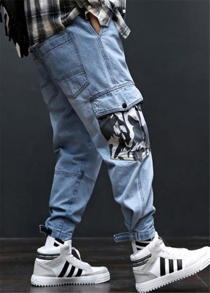 

fashion long cargo pants with pockets high street loose light blue mens jeans