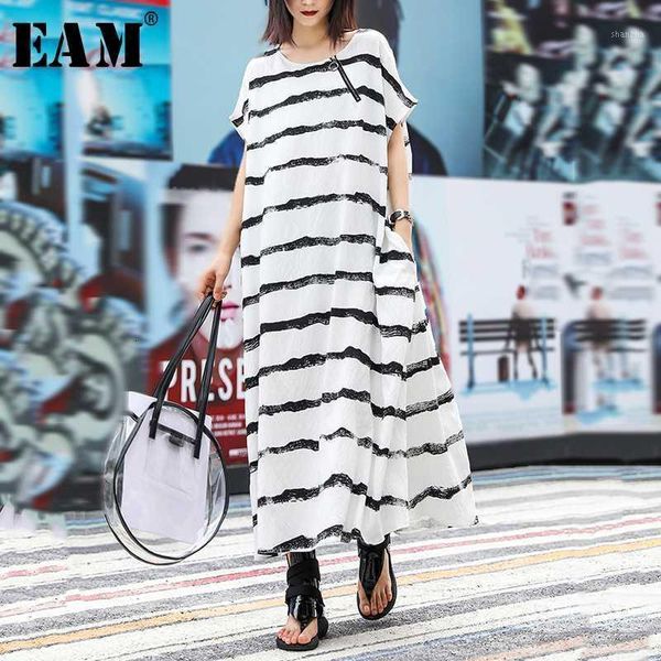 

casual dresses [eam] womenblack striped split long big size dress round neck short sleeve loose fit fashion tide spring summer 1u8501 jcp5, Black;gray