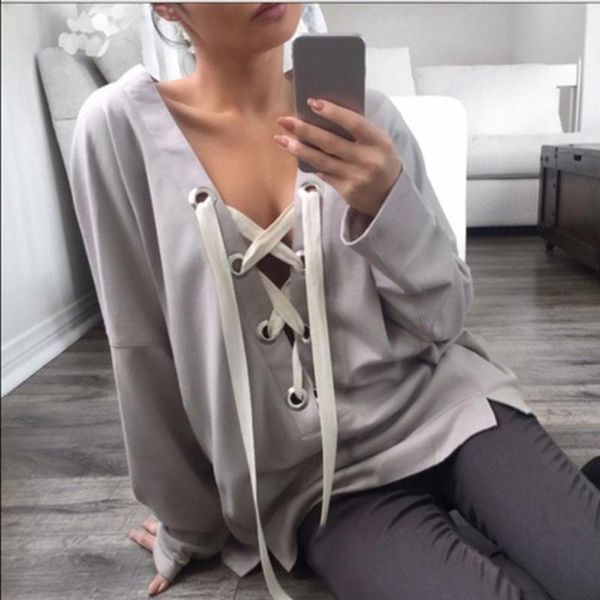 

women's hoodies & sweatshirts autumn fashion women casual clothing hollow out v neck lace-up solid color pullovers, Black