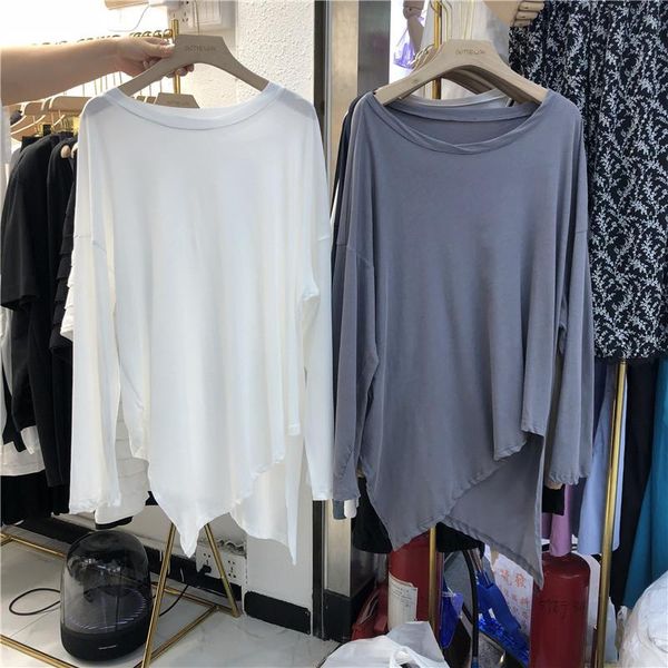 

women's t-shirt 2021 solid ins fashin korea women t shirt girls asymmetrial stylish ladies casual loose tee shirts basic thin, White